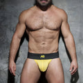 Yellow and black Addicted fetish kango pouch athletic briefs with bold logo waistband in size L