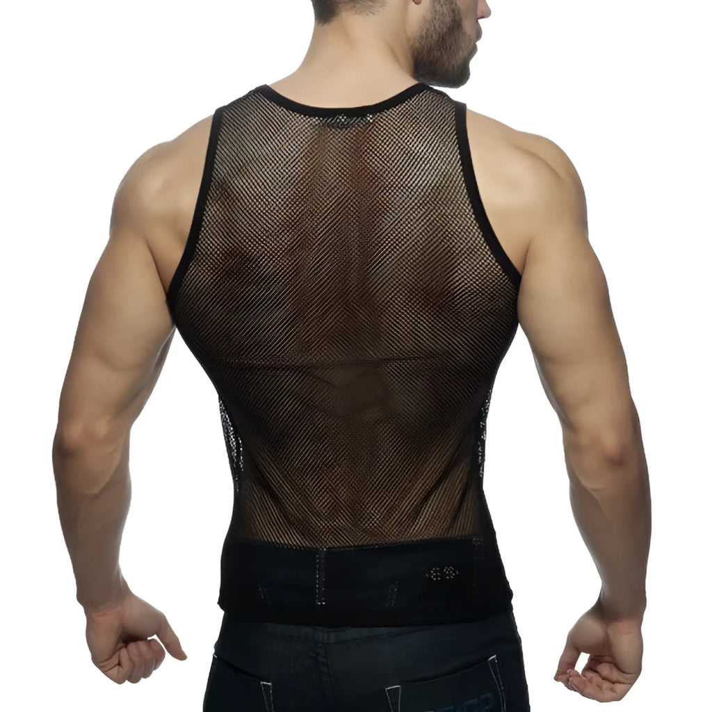 Black fitted mesh tank top with form-fitting design from Addicted Mesh Tank collection