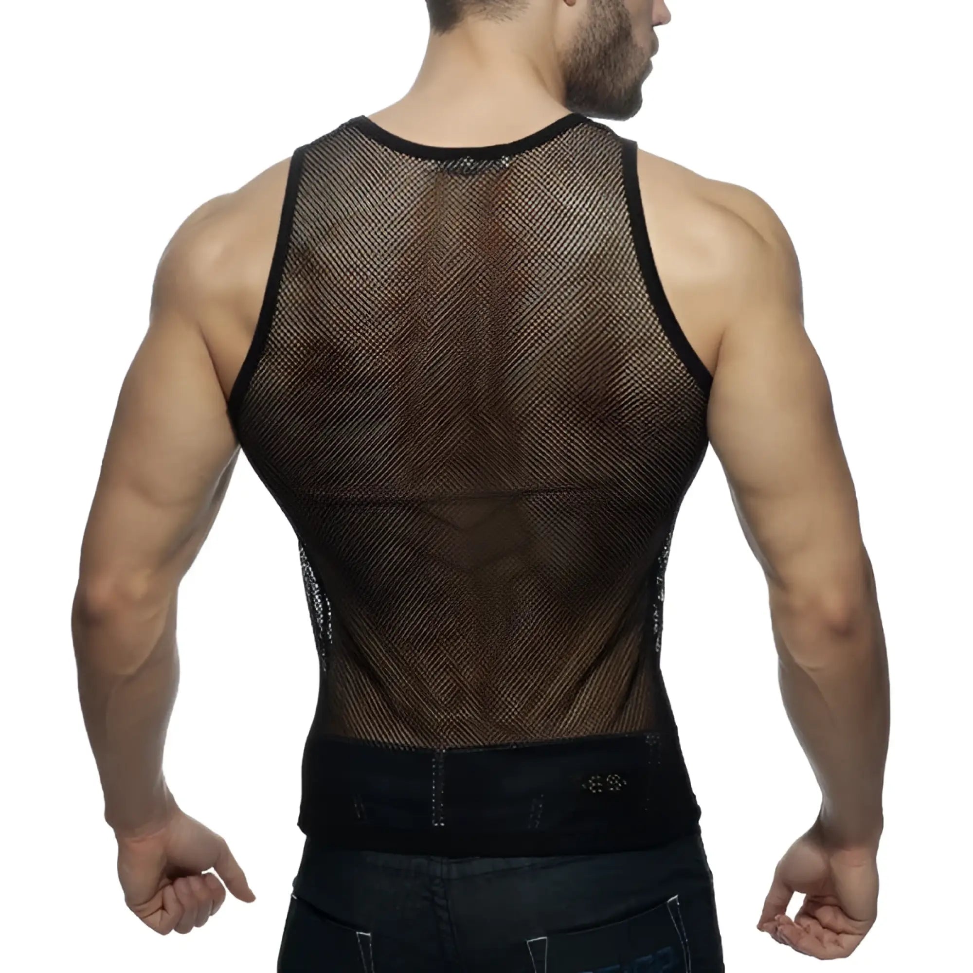 Black fitted mesh tank top with form-fitting design from Addicted Mesh Tank collection