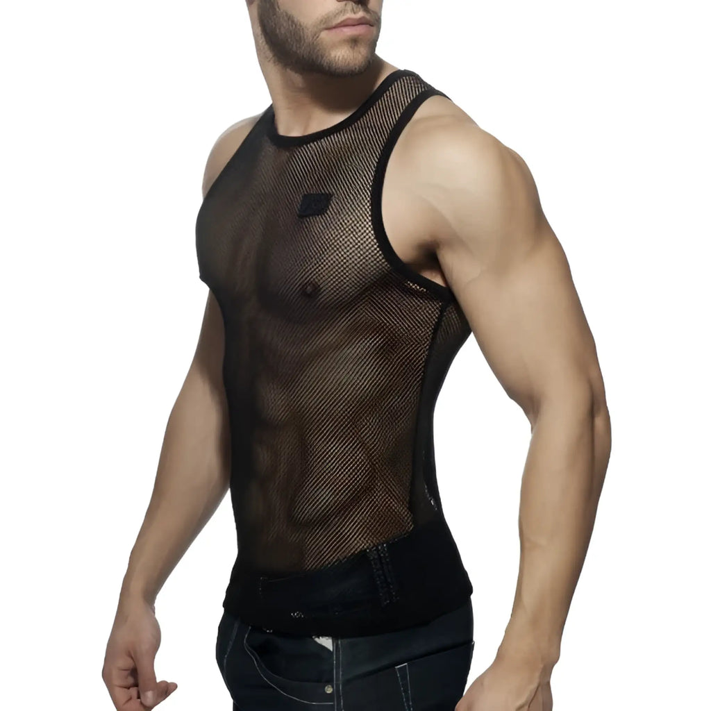 Black mesh tank top addicted mesh tank with subtle logo on chest made of breathable mesh material