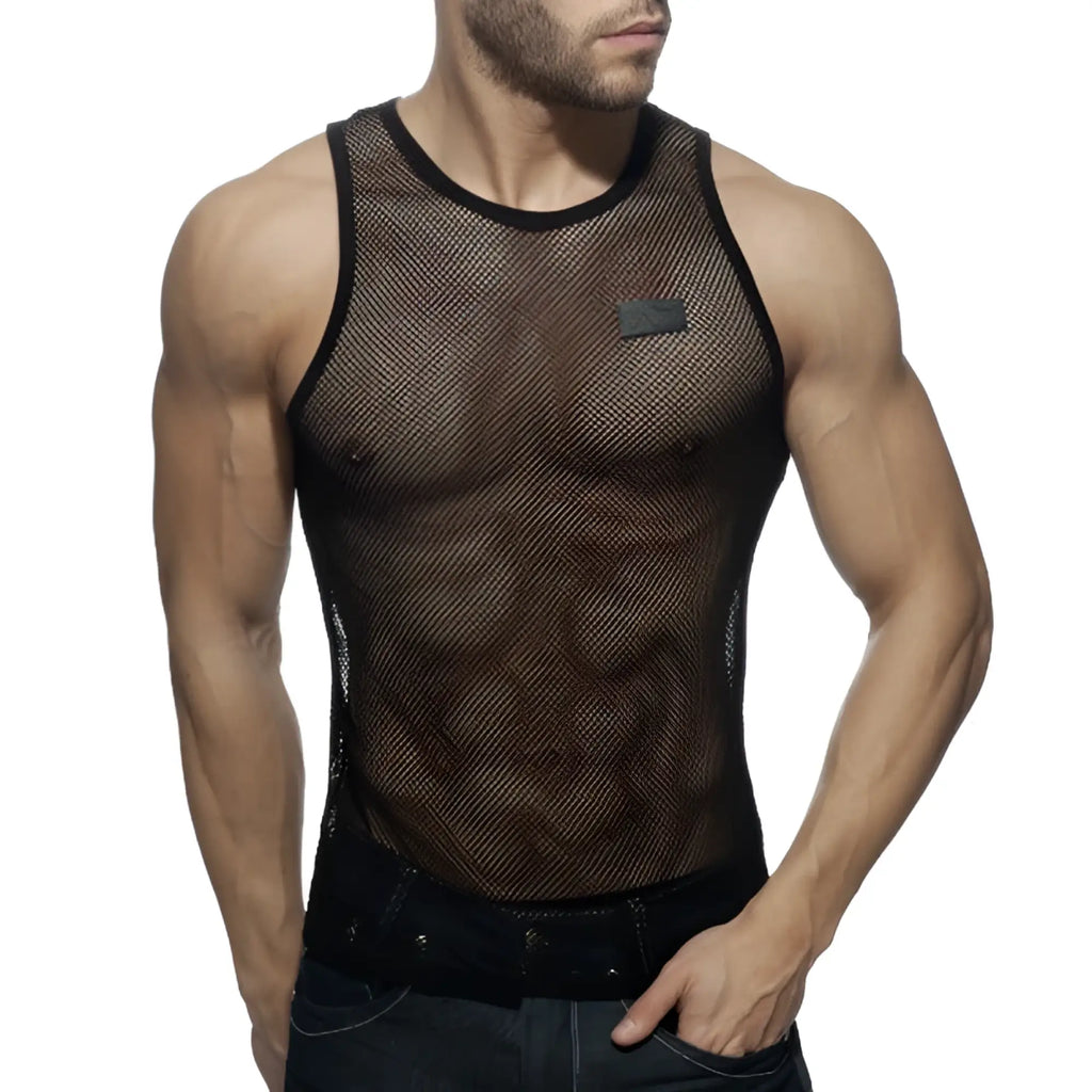 Black mesh tank top addicted mesh tank with subtle textured pattern and reinforced trim on neckline and armholes