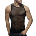 Black mesh tank top addicted mesh tank with subtle textured pattern and reinforced trim on neckline and armholes