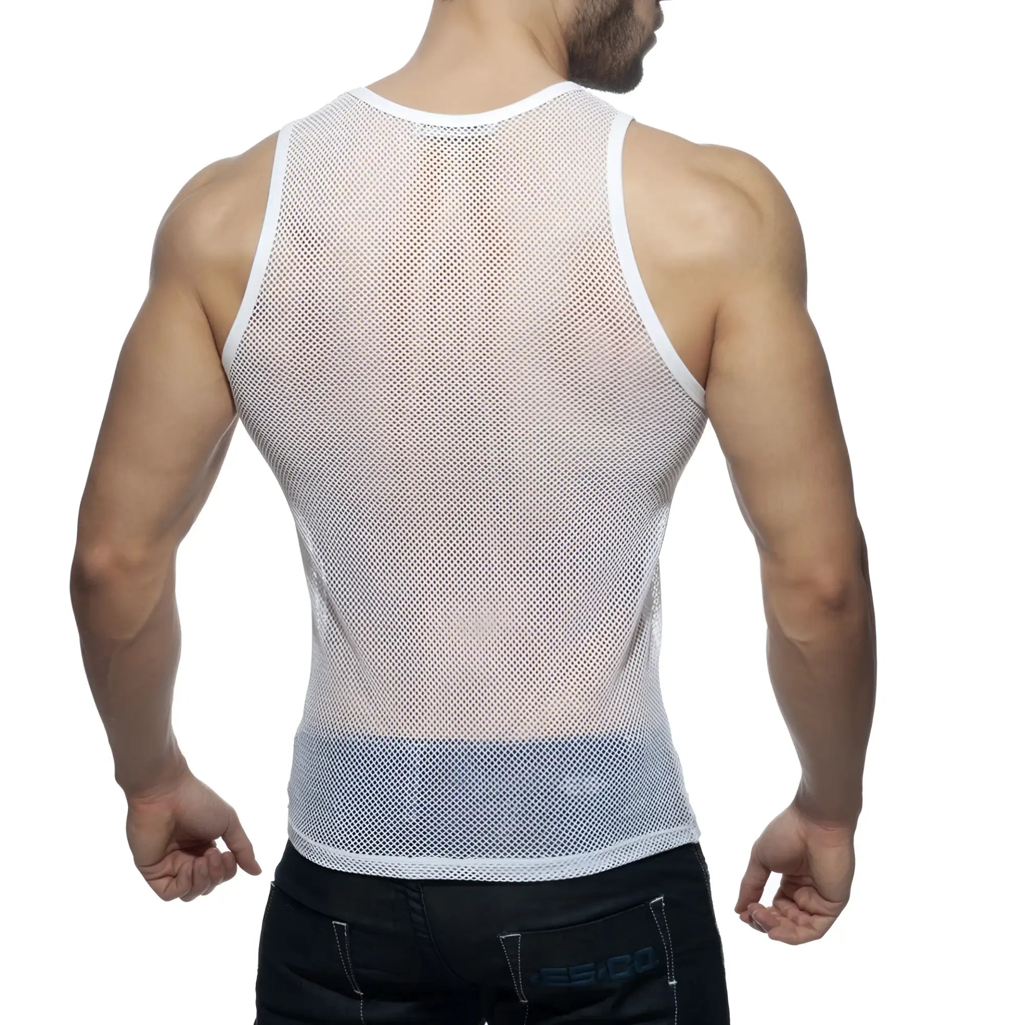 Addicted mesh tank white mesh tank top with snug fit and reinforced white trim on neckline and armholes