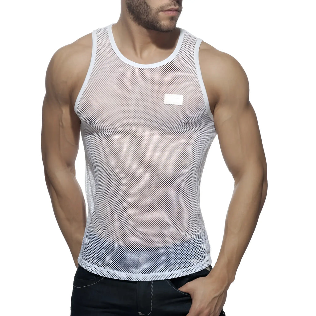White mesh tank top addict mesh tank with subtle rectangular label on the chest in breathable fabric