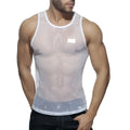 White mesh tank top addict mesh tank with subtle rectangular label on the chest in breathable fabric