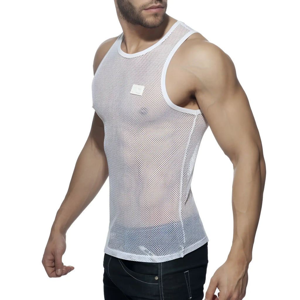 White mesh tank top addict mesh tank with subtle textured pattern and reinforced white trim on neckline and armholes