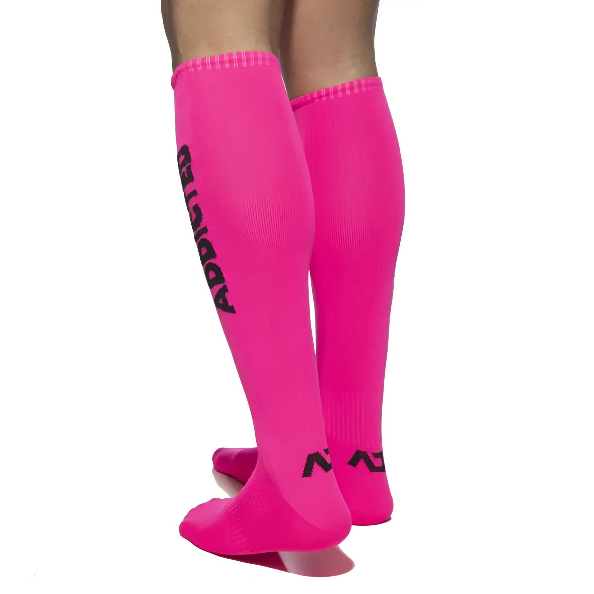Addicted neon socks bright pink knee-high socks with black addicted branding and logo on the side
