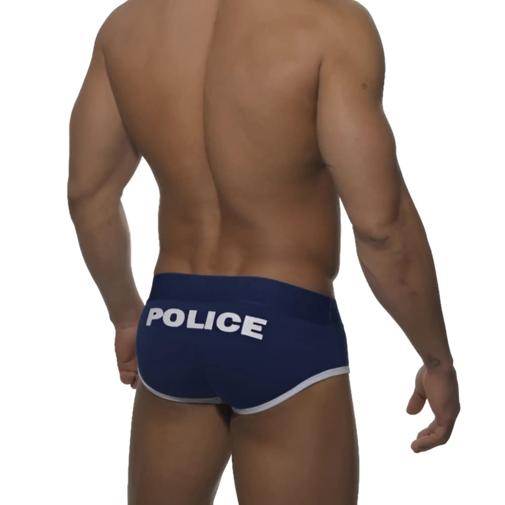 Navy blue briefs with white trim and police printed in bold white on the waistband size m by addicted police brief underwear