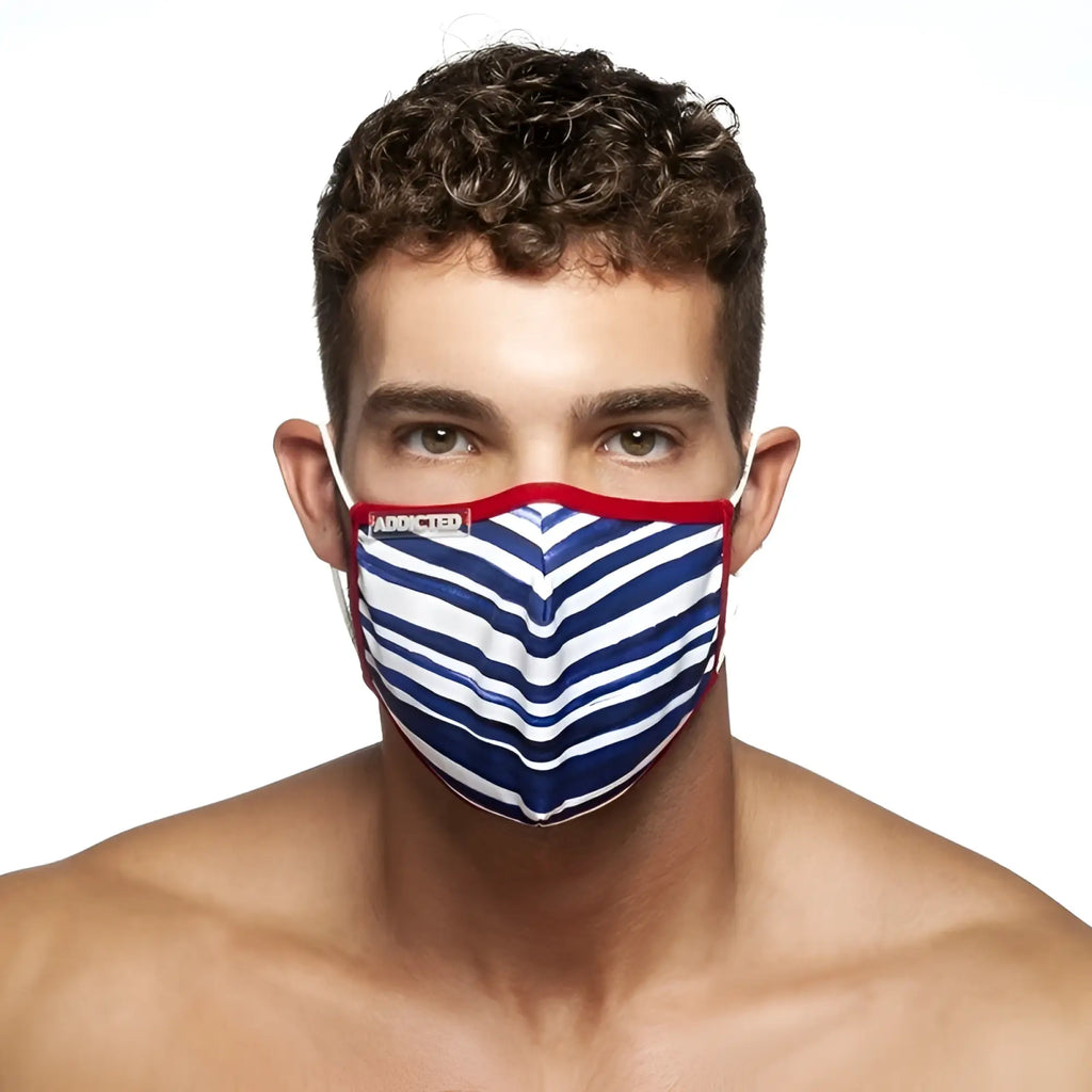 Addicted sailor mask AC114 one size featuring blue and white striped fabric with red trim and bold chevron pattern