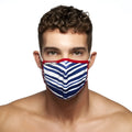 Addicted sailor mask AC114 one size featuring blue and white striped fabric with red trim and bold chevron pattern