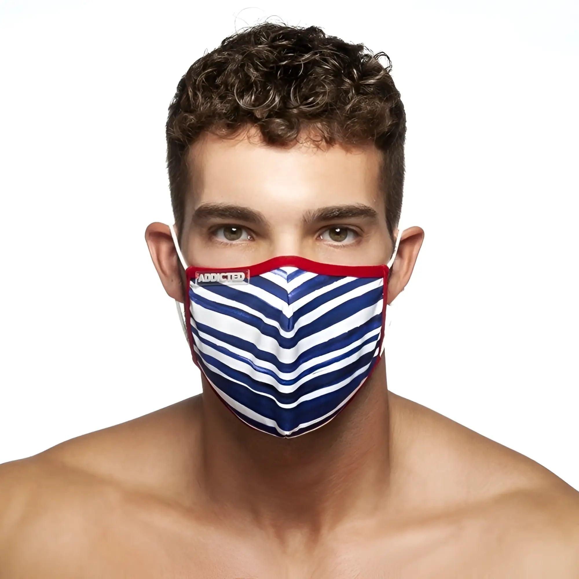 Addicted sailor mask AC114 one size featuring blue and white striped fabric with red trim and bold chevron pattern