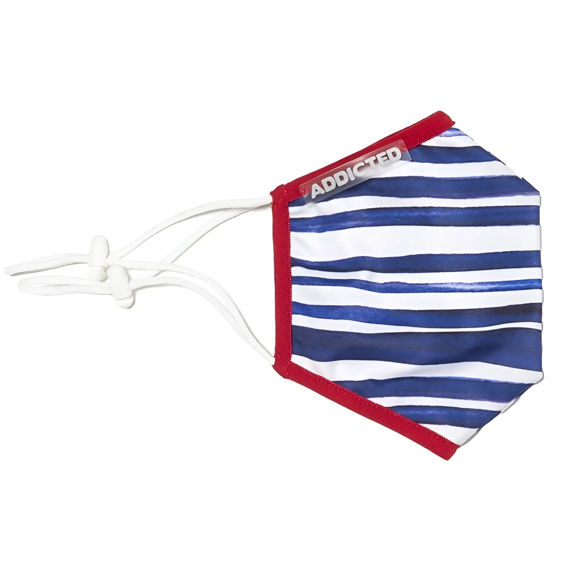 Addicted sailor mask AC114 blue and white striped face mask with red trim and clear addicted brand tag one size