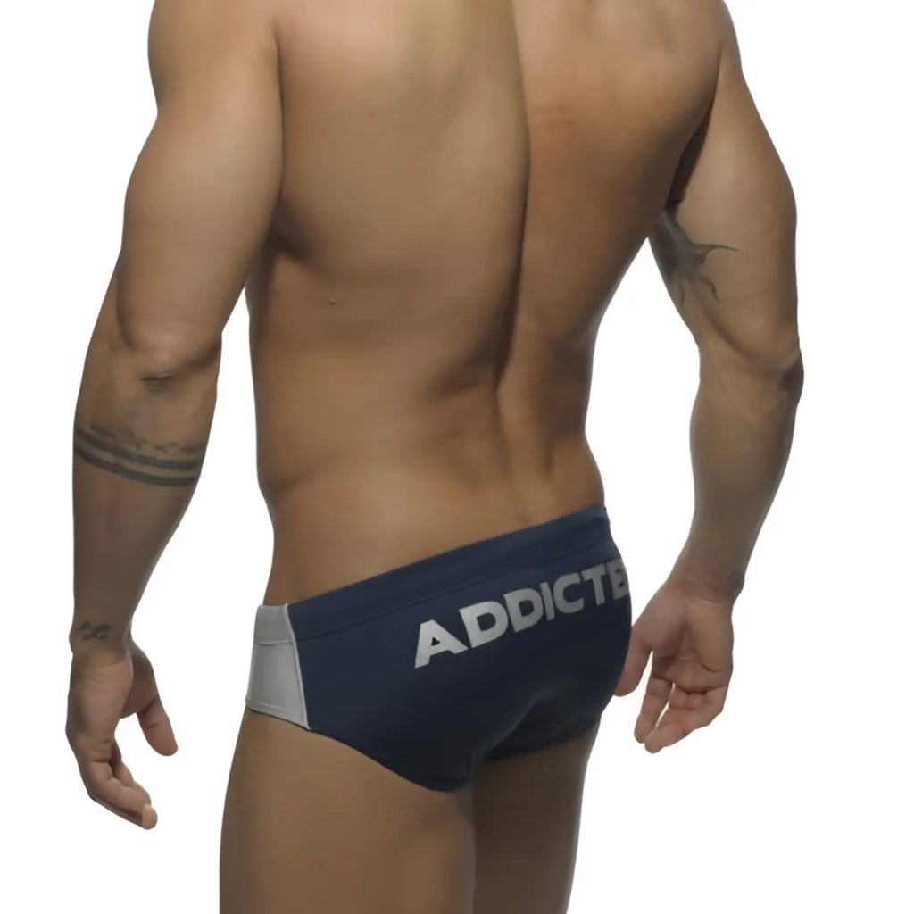 Navy and gray athletic briefs with white Addicted branding on the waistband from the Addicted Silver Logo bikini swimwear collection size S