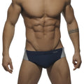 Navy blue and gray swim trunks with addicted silver logo and matching contrast bikini swimwear in size s