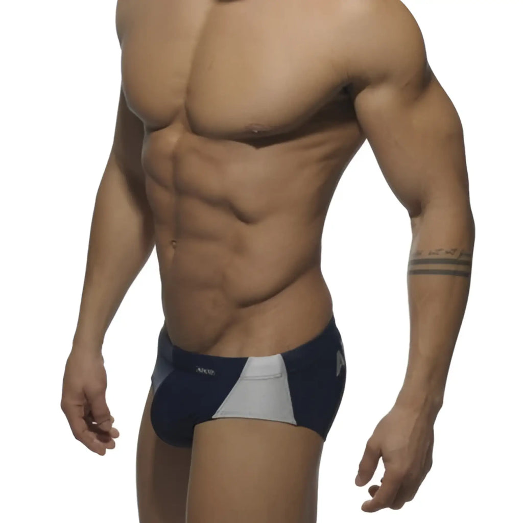 Navy blue and white Addicted Silver Logo athletic swim trunks with sleek modern design size S front view