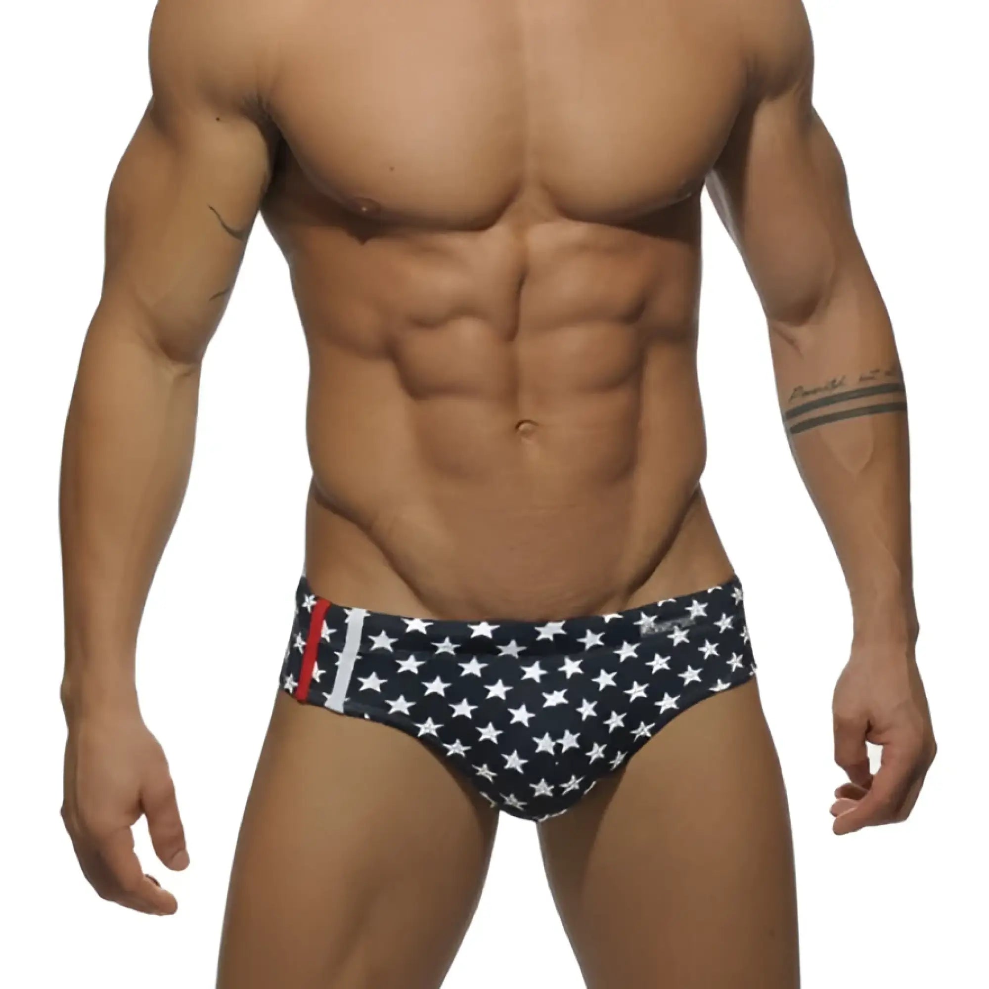 Blue swim trunks with white stars and red white and blue striped side panels from Addicted Star Sport Bikini size XS