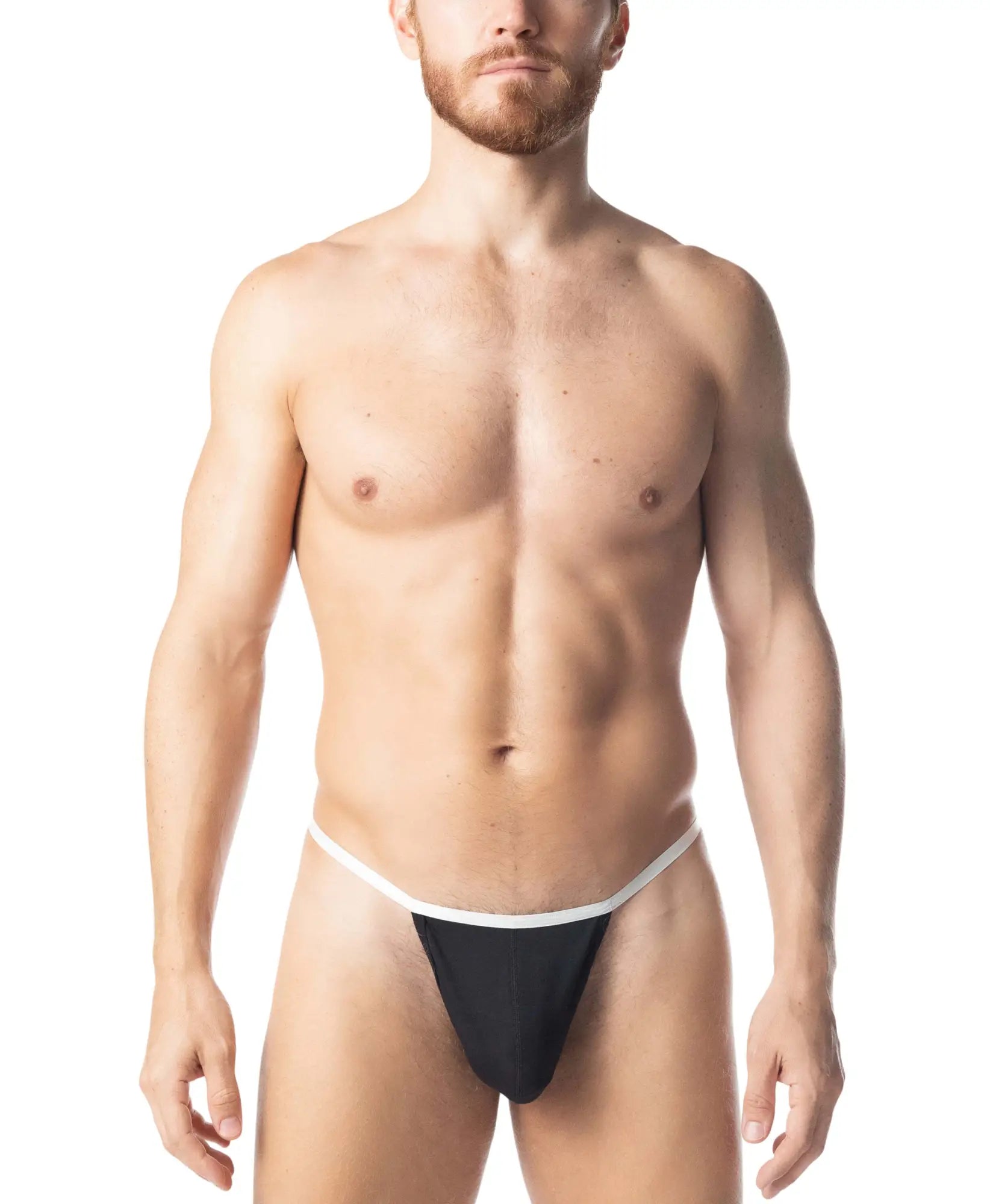 Black Adonis thong with a white waistband showcasing the back side in soft stretch fabric for comfortable wear