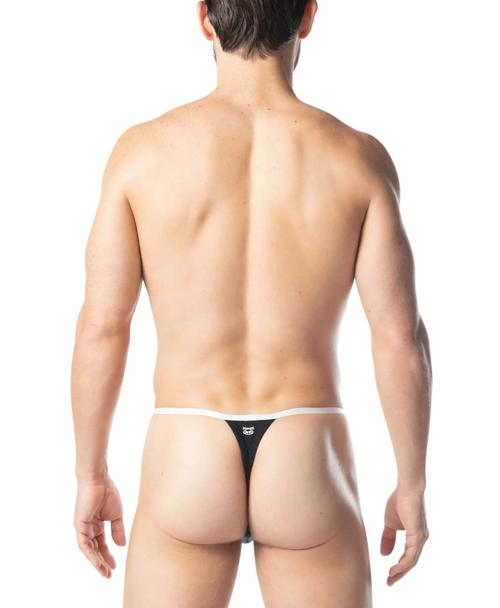 Back view of black adonis thong with white waistband and small logo on the back