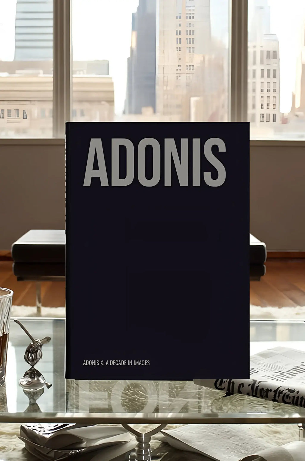 Black hardcover photobook titled adonis with bold white lettering and subtitle adonis x a decade in images at the bottom