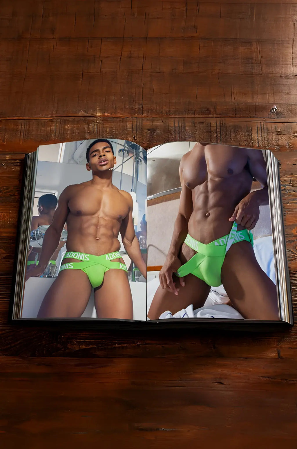 A vibrant neon green calvin klein underwear with bold repeating logo band featured in adonis x a decade in images photobook