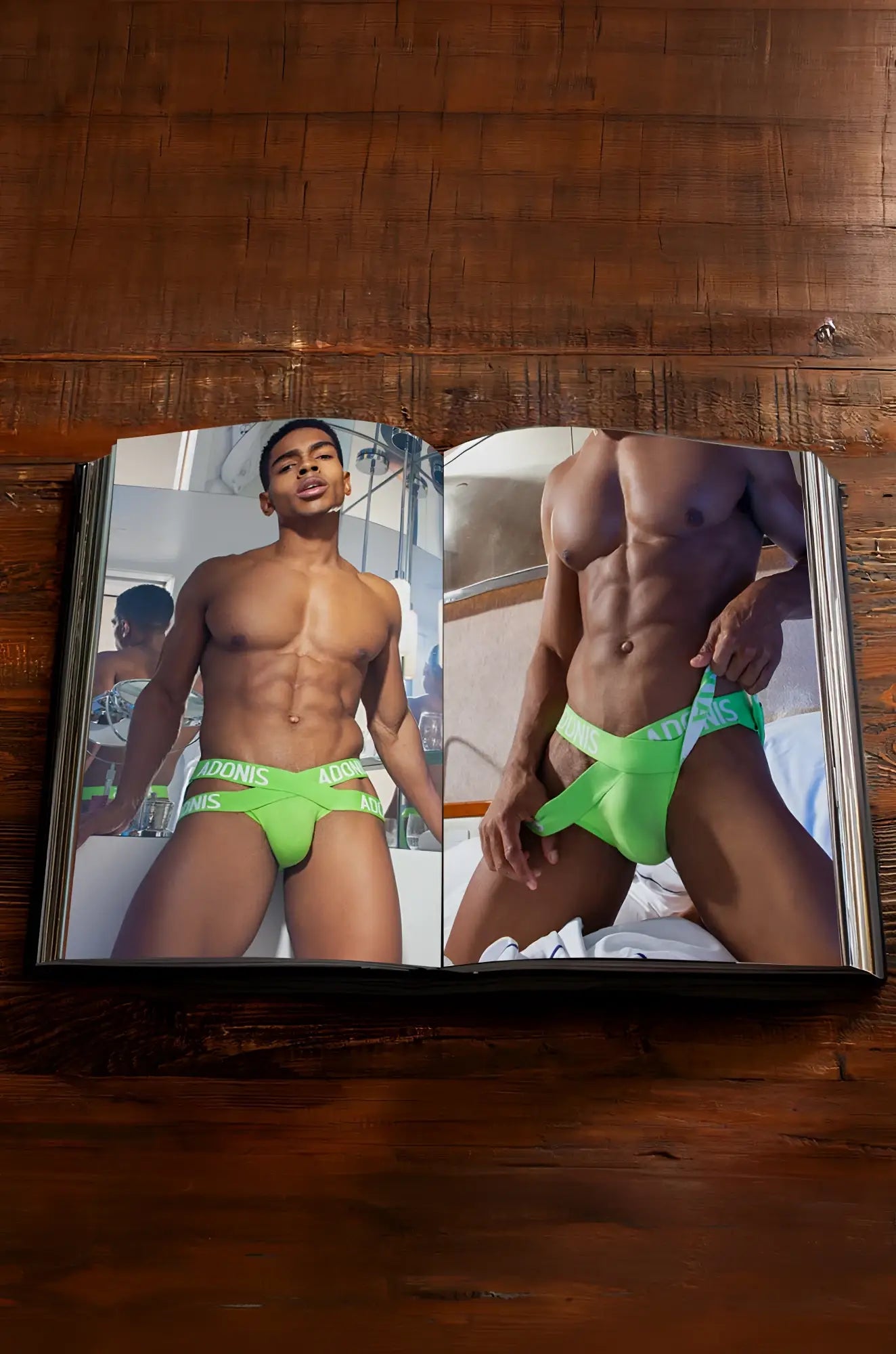 A vibrant neon green calvin klein underwear with bold repeating logo band featured in adonis x a decade in images photobook