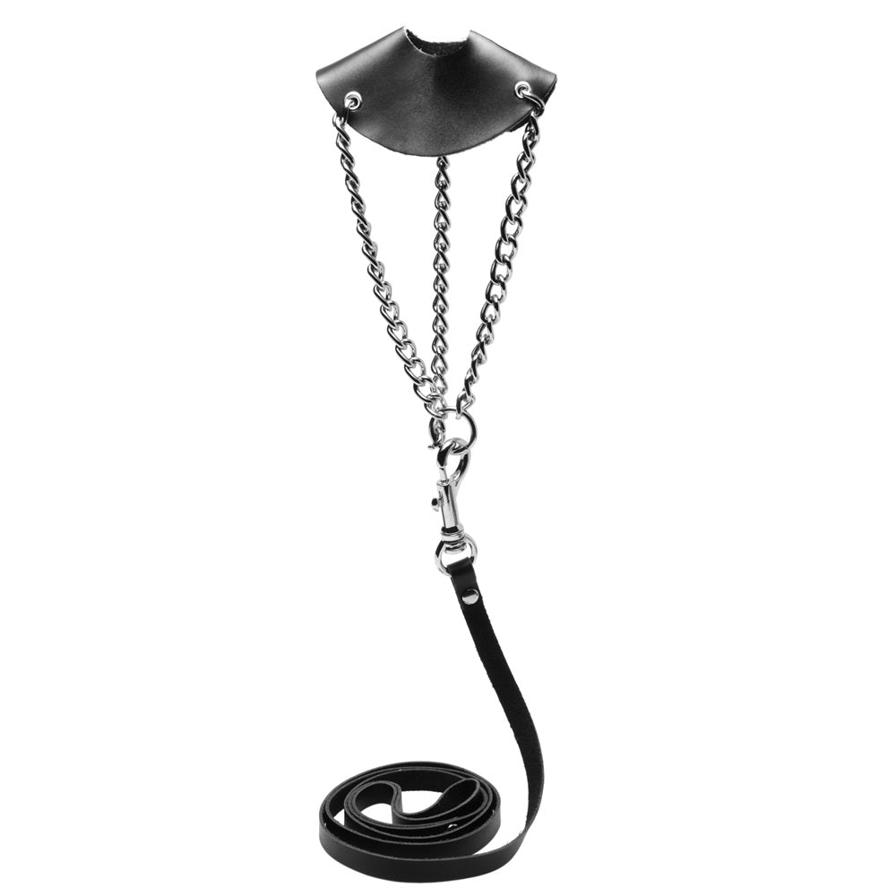 Strict Leather Scrotum Stretching Kit: black leather scrotal collar connected by silver chains to a matching leash.