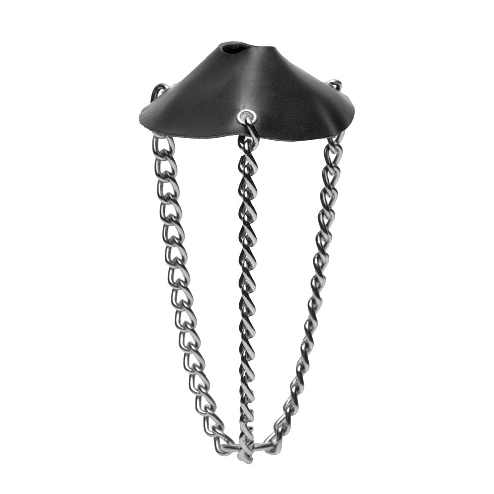 Strict Leather Scrotum Stretching Kit: black leather cone with silver metal eyelets and three dangling chrome chains.