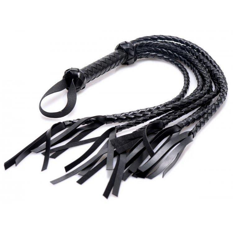 Strict 8 Tail Braided Flogger: A black leather flogger with a woven handle, wrist loop, and eight braided tails.