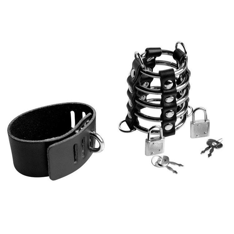 Strict Maximum Submission Gates of Hell: black leather and steel locking cage device with padlocks and keys.
