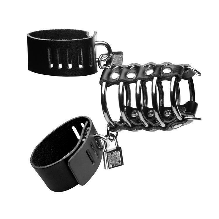 Strict Maximum Submission Gates of Hell: A black leather locking cage device with steel rings and a padlock.