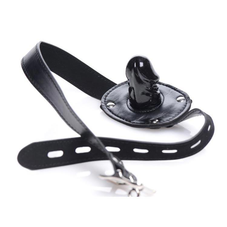 Strict Bondage Hood with Penis Gag featuring a black leather head strap and an integrated, glossy black phallic gag.
