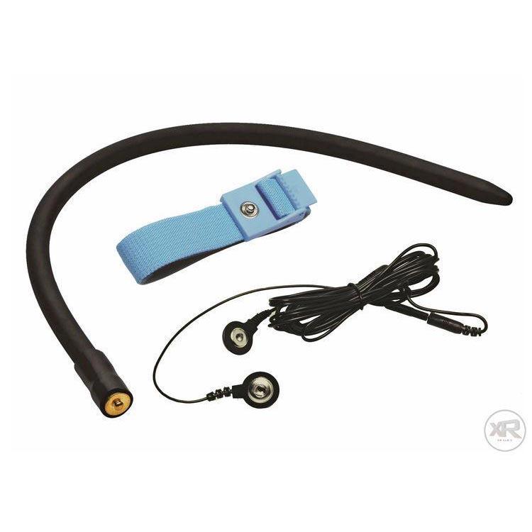 Zeus eStim cock and ball strap, featuring a black silicone tube, blue adjustable strap, and dual-snap electrical cable.