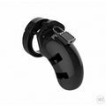 Shots MANCAGE Model 01: A glossy black plastic male chastity cage with a matching padlock and base ring.