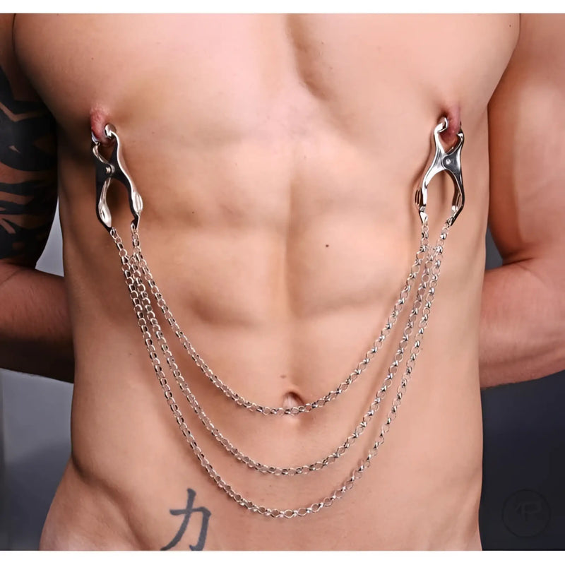 Silver-toned metal nipple clamps connected by a triple-layer chain for adjustable intimate use