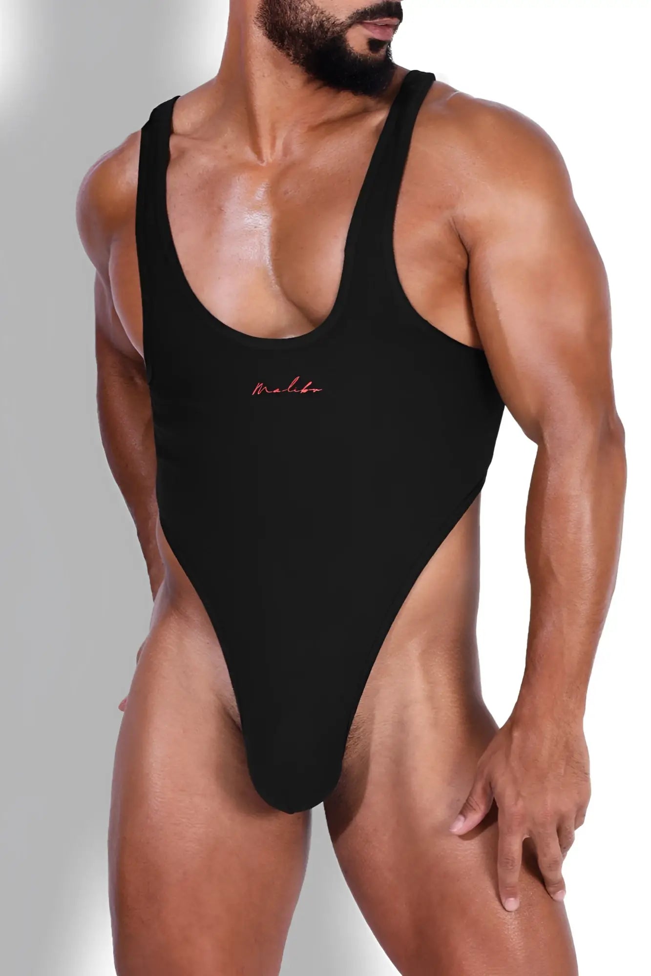 Black ribbed one-piece swimsuit with deep scoop neckline side slit and red mello embroidery on chest afterglow bodysuit