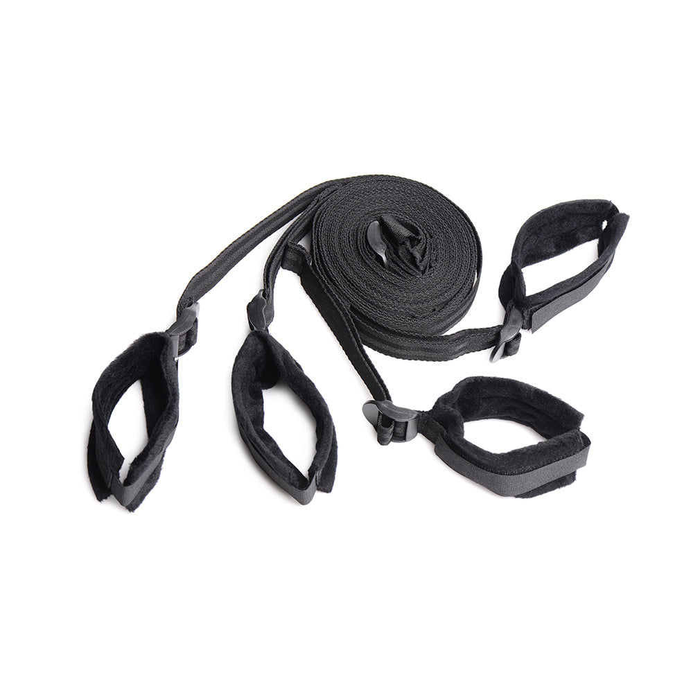 Strict Bed Restraint Bondage Kit: black nylon straps with plush-lined wrist and ankle cuffs on a white background.
