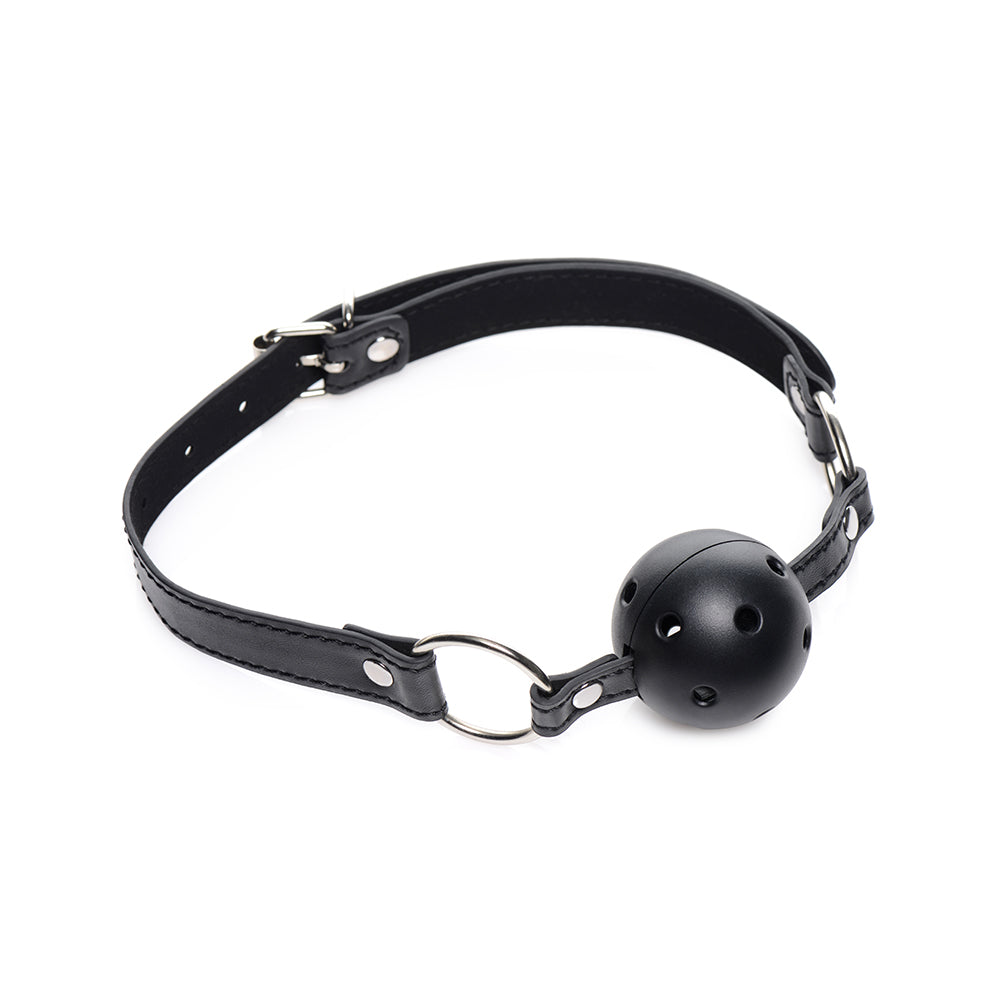 Strict Bed Restraint Bondage Kit: A black leather collar with an adjustable buckle and a perforated black ball gag.