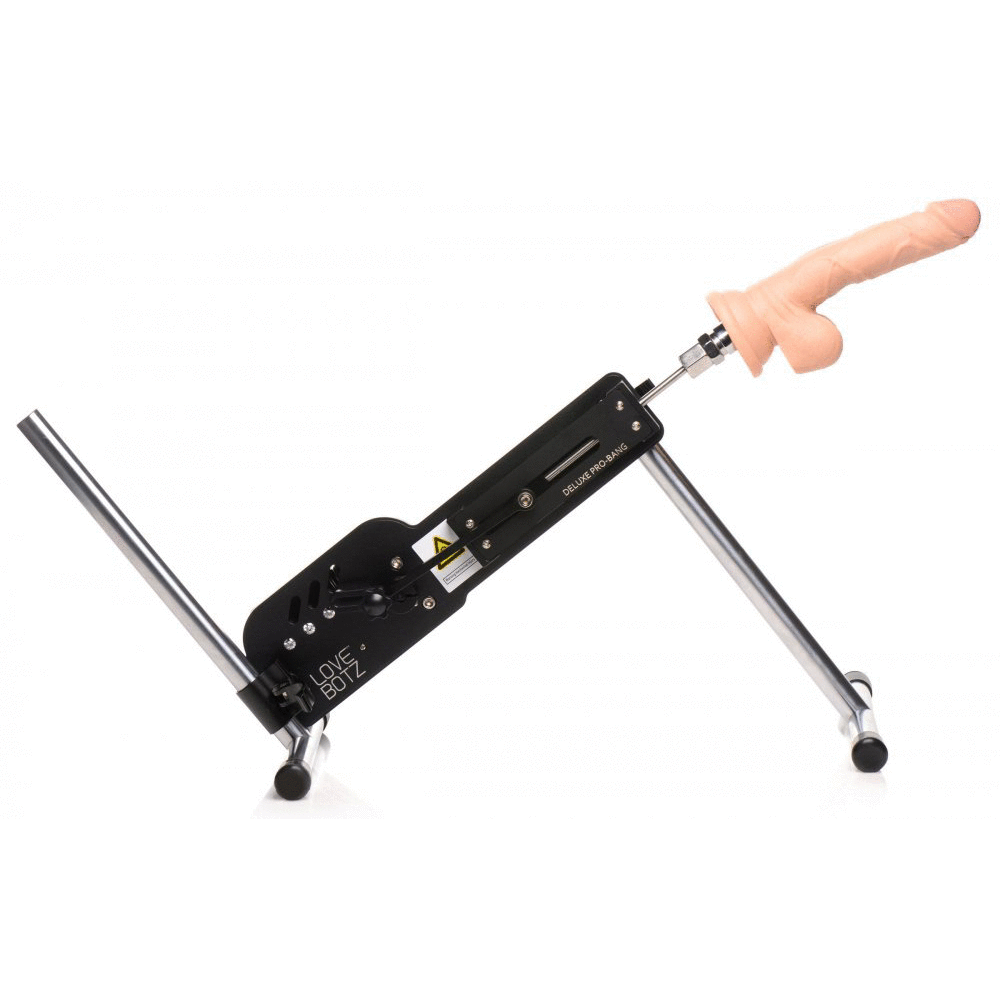 LoveBotz Deluxe Pro-Bang machine: black metal frame with a skin-tone silicone attachment on a stainless steel stand.