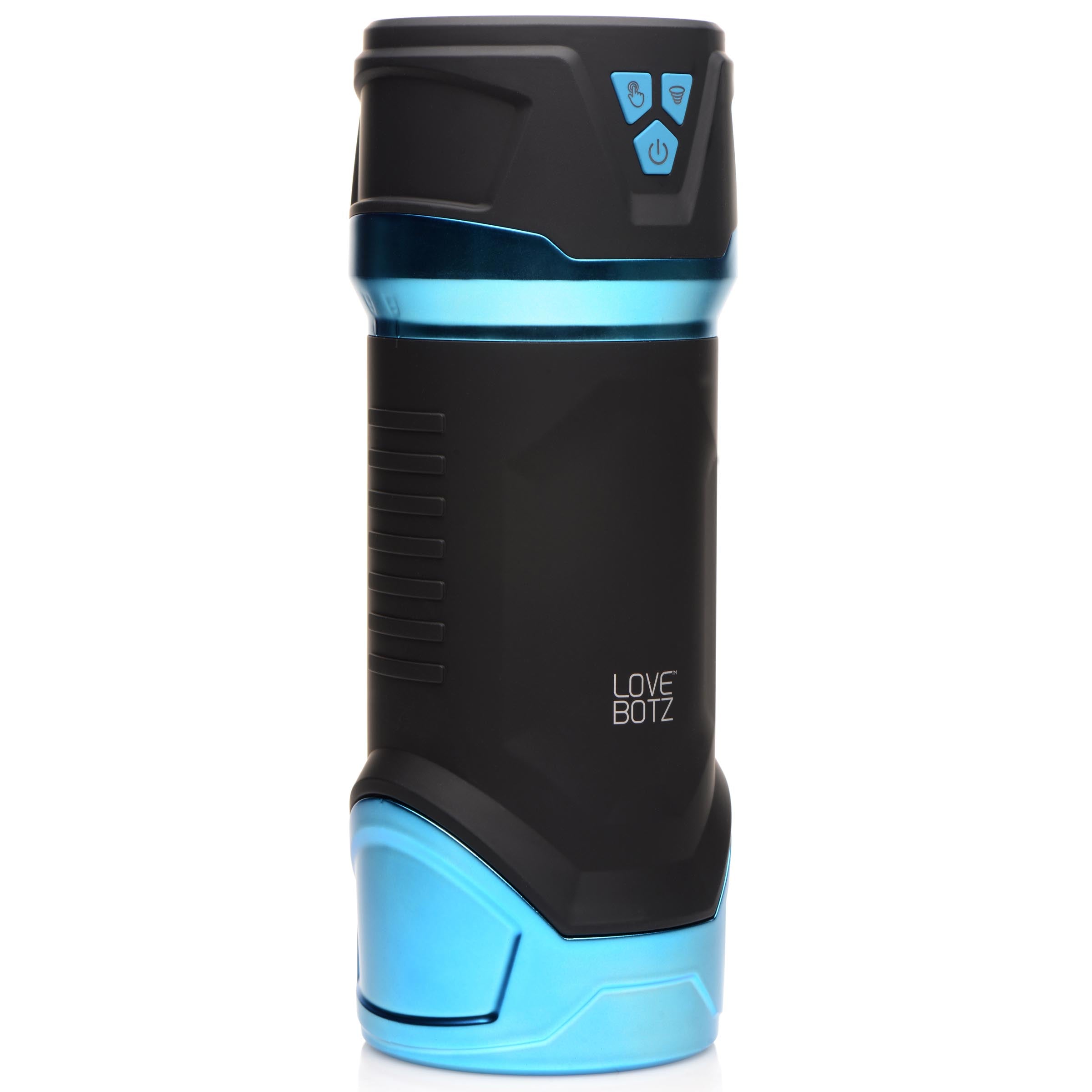 LoveBotz The Milker Intense 13X masturbator in matte black and metallic blue with button controls on a cylindrical body.