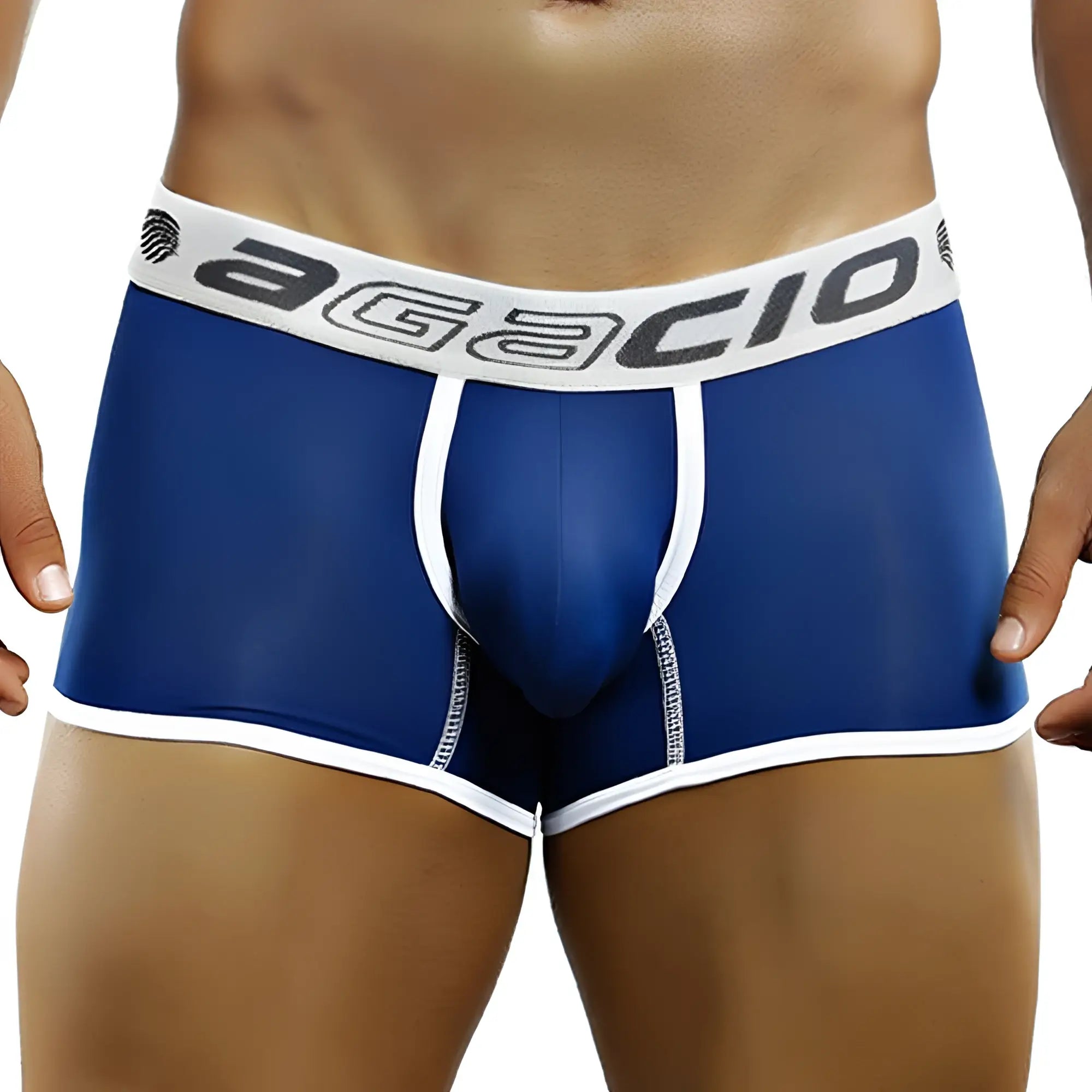 Blue agacio ag5853 men’s boxer briefs with white trim and branded waistband for comfortable daily wear