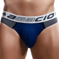 Blue agacio ag6807 bikini brief with white and gray elastic waistband featuring agacio logo in black
