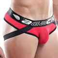 Red and black Agacio AGE007 jockstrap briefs with mesh panel and wing logo waistband displayed from front
