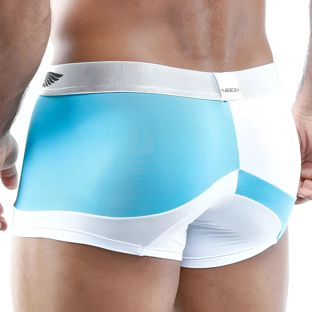 Agacio agg009 men’s athletic boxer briefs in turquoise and white color block with gray waistband and logo