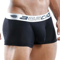 Black agacio AGG014 boxer briefs with white elastic waistband and dark gray logo for comfortable everyday wear