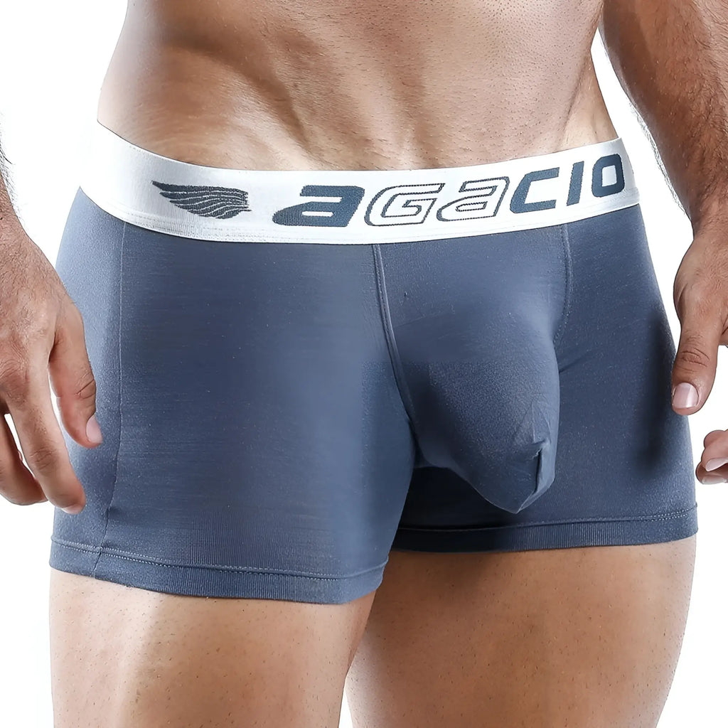 Blue Agacio AGG014 men’s boxer briefs with white waistband featuring brand logo and wing emblem