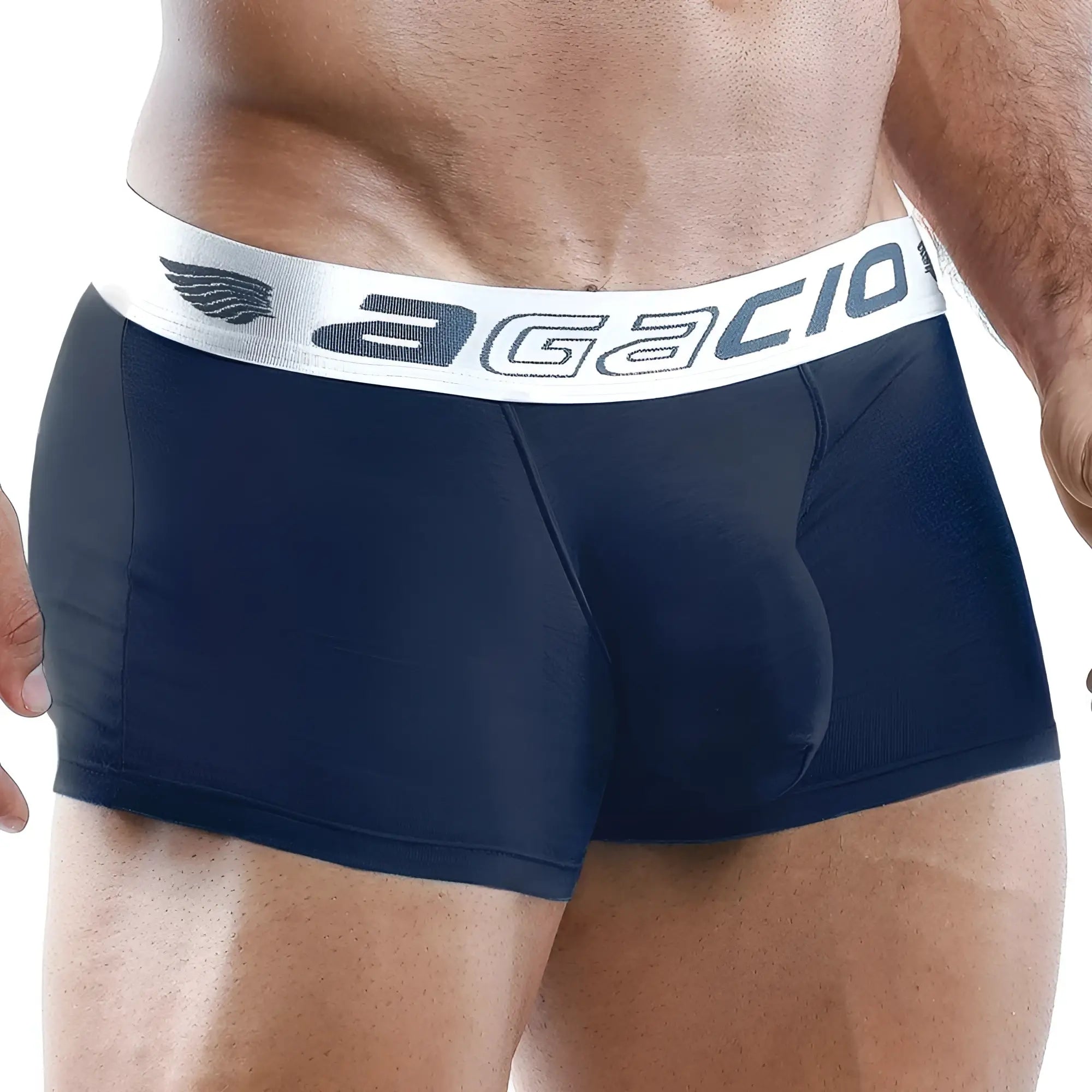 Navy blue agacio AGG014 boxer brief with white elastic waistband featuring dark gray brand logo front view