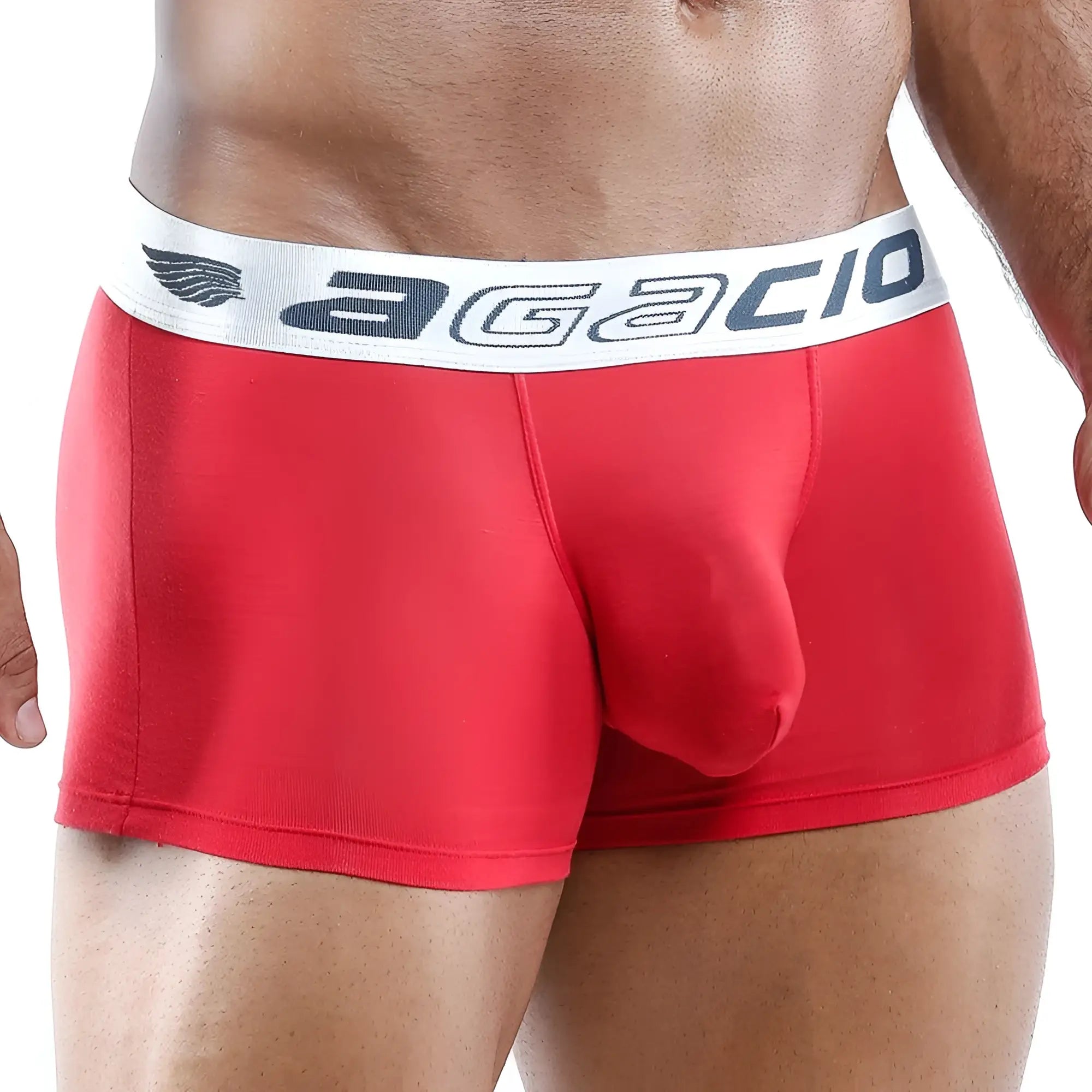 Red agacio AGG014 men’s boxer briefs with white waistband and dark gray logo for comfortable daily wear