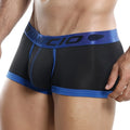 Agacio AGG024 boxer trunk in black and blue with shiny elastic waistband featuring gacio brand name in dark gray letters