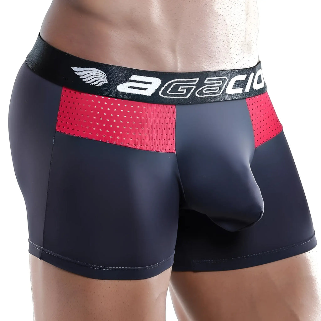 Agacio AGG029 boxer trunk men’s black and red mesh panel boxer briefs with breathable design