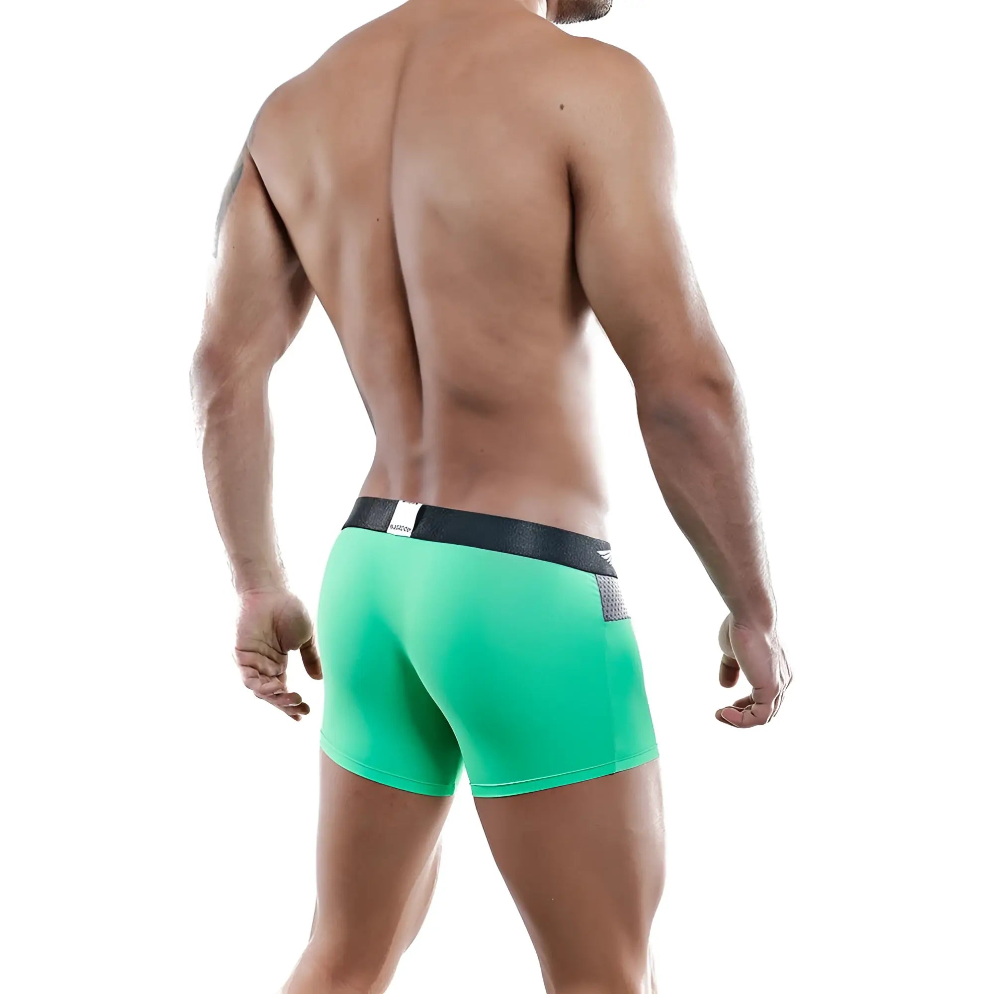 Bright green agacio AGG029 boxer trunk with black elastic waistband and textured gray side panel for athletic use